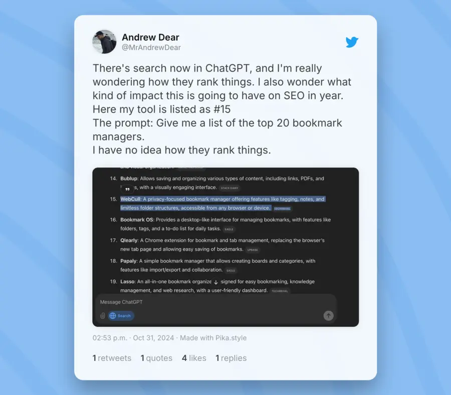 A tweet with a video about how WebCull ranked on a top 20 list on ChatGPT search.