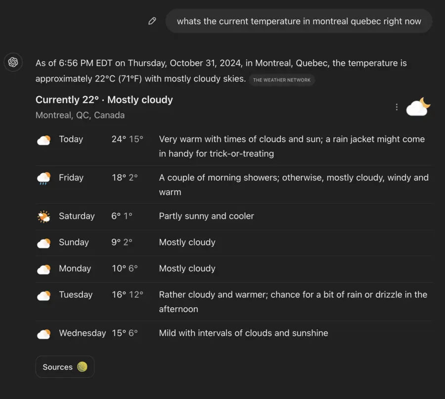 A screenshot of ChatGPT when asked for the weather in Montreal, Quebec