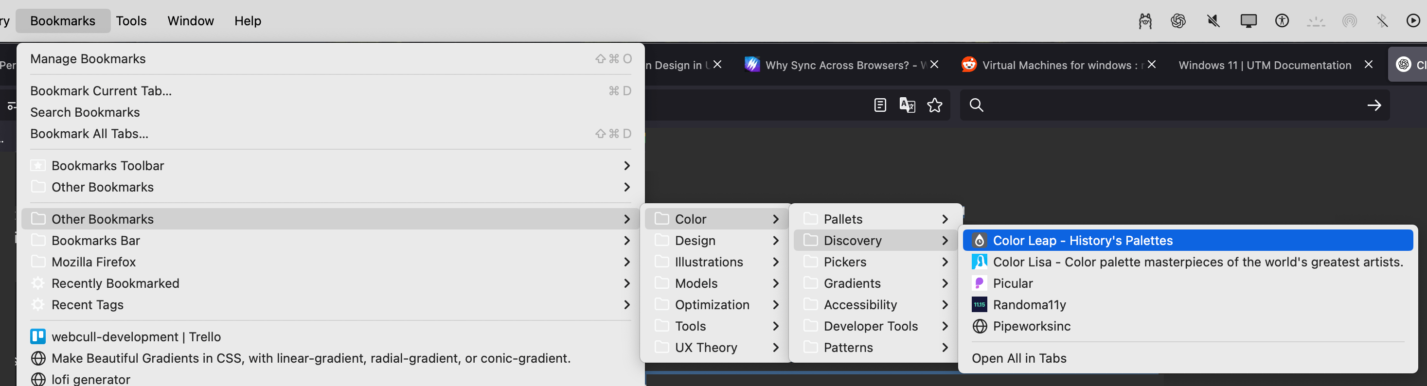 A user browsing Firefox bookmarks, exploring color-related resources, with multiple tabs and extensions visible.