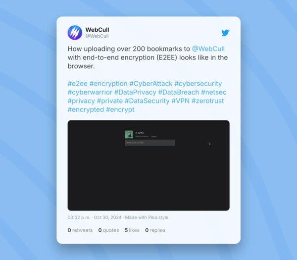 A tweet with a video about importing over 200 bookmarks with E2EE turned on.